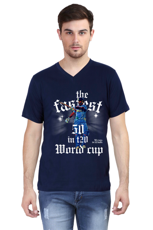 Yuvi's Fastest 50 (V-Neck Half Sleeve T-Shirt)